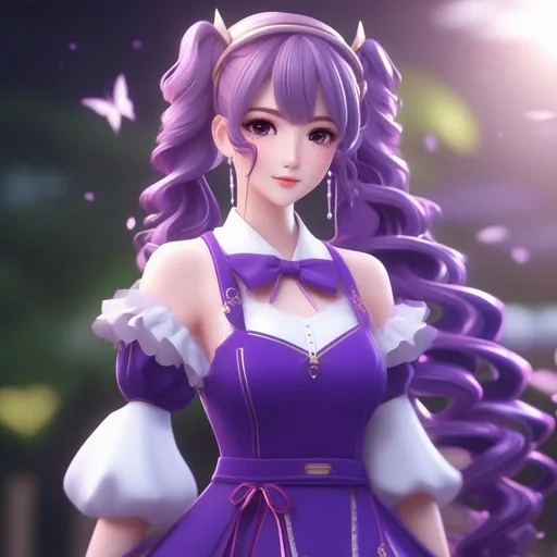 Prompt: 3d anime woman purple long curly pigtails hair and victoruab dress and beautiful pretty art 4k full HD