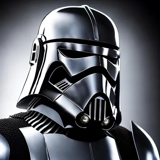 Prompt: Starwars armor Sith lord with A full chrome mask bulletproof armor and bright white eyes in a starwars style