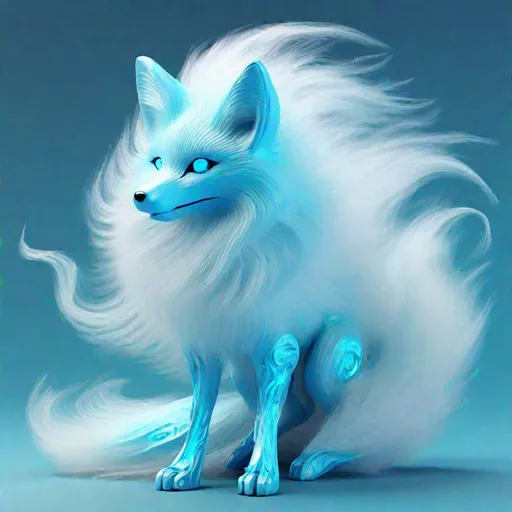 Prompt: Bipedal creature resembling a sky-blue fox, fluffy, ghostly and floating, ghostly swirls all around , masterpiece, best quality, in iridescent style