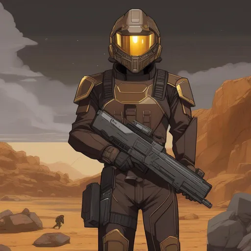 Prompt: From distance. Whole body. Full figure. a Nod soldier from Tiberian Sun. Dark brown uniform with golden details. Helmet with a scifi visor.  He wields a laser rifle. In background an ore mine. Anime art. Rpg. Anime style. Akira art. 2d art. 2d. Well draw face. Detailed. Whole figure. Full body. 