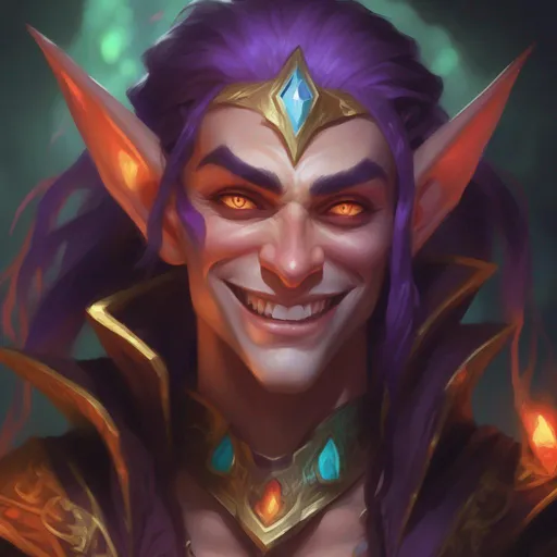 Prompt: d&d eladrin arcane trickster, mad toothy grin, heroic, brightly glowing eyes, badass, magic AF, colorful, chaotic, dangerous, hi res, lucky, masc, gorgeous, long elf ears, unhinged, creepy