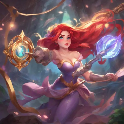 Prompt: Vivid, detailed, Disney art style, full body, Ariel Disney Princess, Hair part on left side, League of Legends style, fighting, dressed as Lux, holding staff, visible cleavage
