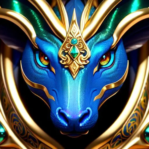 Prompt: a face shot of a beautiful blue dragon gold markings and polished emeralds Embedded on the horns, very glossy and shiny, reflective, symmetrical, perfect composition, hyperrealistic, super detailed, 8k, high quality, trending art, trending on artstation, sharp focus, studio photo, intricate details, highly detailed, Trending on Artstation, Cozy wallpaper, Pastel colors, soft lighting