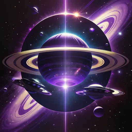 Prompt: Retri 1980s sci-fi rock music stylized art, saturn in the dark of space, reflective metallic colors, rays of sun shining, vibrant bright purple colors, glittering galaxies