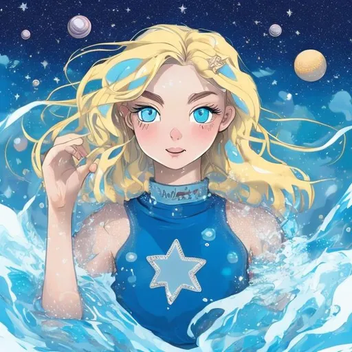 Prompt: water girl, with blue eyes, blonde and blue hair, staninding in water with stars and milkway above