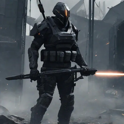 Prompt: Futuristic combat soldier, arkham knight black hood style military helmet, short helmet, sleek helmet, deathstroke, witcher themed armour, swords, post-apocalyptic setting, high-tech and tactical armor, ninja, evil, sith lord, supervillain, call of duty, battlefield, shogun, viking, futurism, star wars, the punisher, mandalorian, SAS, navy seals,  weapons, germanic, samurai, dual swords, gritty atmosphere, detailed reflections on armor, best quality, highres, ultra-detailed, futuristic, post-apocalyptic, sleek design, professional, atmospheric lighting, city background, extreme utility on armour, black colour