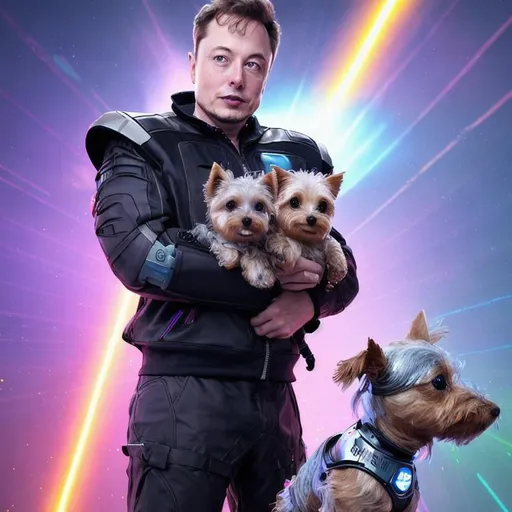 Prompt: image of elon musk in with robot yorkie terrier on rocket, splash of water, alien war, beams of neon rays, ai render, smoke, water, black mirror, time lapse