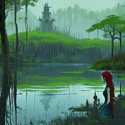 Prompt: Lady of the lake with red hair.
Main color are green and blue.
She is in the middle of the swamp and the environmet is composed by trees and shadows. Myst on the background.
She does not look at the camera and she is watched from the back.
Draw with pencil in black and white