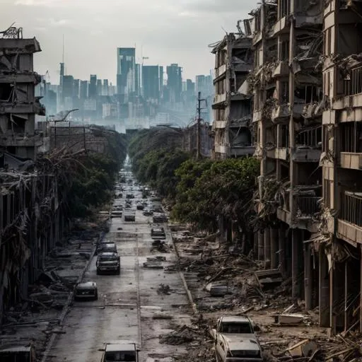 Prompt: city in war torn destruction and overgrowth dramatic lighting cinematic shots  vast vegetation 



