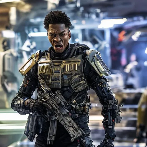 Prompt: Guy who looks sort of like 20 year old Eddy Murphy shouting angrily wearing an armored futuristic scifi military uniform and holding an advanced exotic shotgun in full color