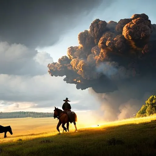 Prompt: Concept art of a huge ash cloud from forest fire in the distance while a cowboy and his horse watch in masterpiece, 8k resolution, concept art, dynamic lighting, hyperdetailed, intricately detailed, Splash screen art, trending on Artstation, deep color, Unreal Engine, volumetric lighting, Alphonse Mucha, Jordan Grimmer.