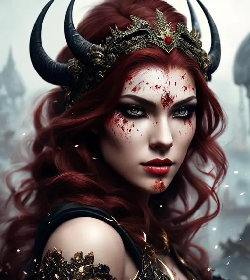 Prompt: Portrait of a Beautiful and Fierce Barbarian human woman with dark red hair with blood splattered on her face and a crown of horns on her head, fantasy, intricate, elegant, highly detailed, digital painting, trending on artstation, concept art, smooth, sharp focus, illustration art by Stanley Lau