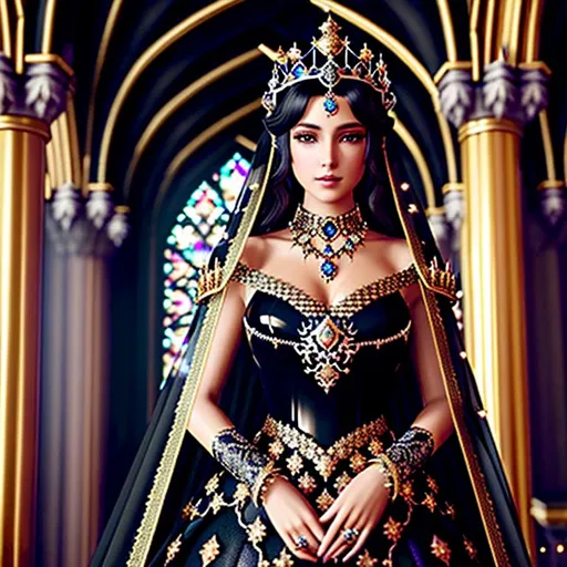 Prompt: dark haired queen wearing a transparent dark veil and hyper detailed shiny crown with a lot of obsidian, hyper detailed clothes full of ornaments glittering, dark particles, soft black misty color, in a castle, royalty, full accessories, highly detailed, full body, soft lighting, ultra realistic, 8K, digital art, unreal engine 5