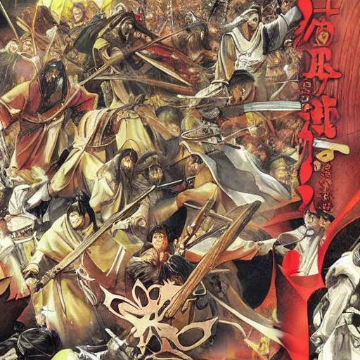 Prompt: Anime war scene graphic High detail Samurai warrior crusaders with Jesus Christ as depicted in the book of  revaltion coming out of heaven one side is the gathering of The chosen to ride victory against the enemy Satan and his fallen cyberpunk ninjas on the opposite side 