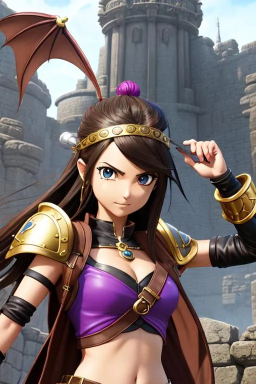 Prompt: Dragon Quest art (((((art by banksy))))), Naomi Scott, 1girl, long brown hair(((leather))), (dynamic pose))), happy, virtual eyes, wearing tribal cueitl, everything flowing, shield, surreal, (((whimsical))), (((octane render))), ((vfx)), (detailed face and eyes)