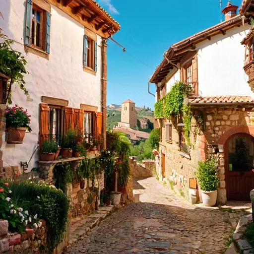 Prompt: Beautiful Vista in a Spanish Mountain Village, (picturesque scenery), vibrant colors, charming architecture with terracotta roofs, lush green hillsides, clear blue sky, warm sunlight casting soft shadows, (serene atmosphere), traditional village texture, cobblestone streets winding through homes, distant majestic mountains, (ultra-detailed), (4K) imagery, inviting and idyllic setting, (landscape inspired by impressionism).