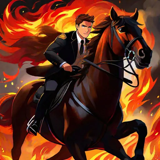 Prompt: Caleb  as a police officer (brown hair) (brown eyes) wearing a tuxedo, full body, riding a (black coated demon horse, glowing red eyes, glowing fire mane, and glowing fire tail) running through hell, rearing up on its hind legs