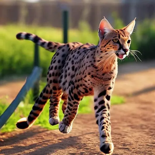 Prompt: a gif of a savannah cat jumping over a fence in a summers evening needs to be vibrant and coulourful