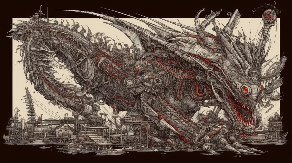 Prompt: giant battle dragon mech warrior, anime, gothic art, burlesque psychobilly, clear edge definition, horror - inspired