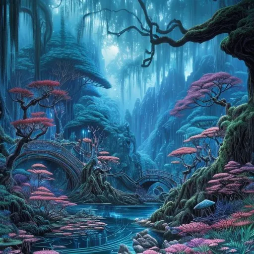 Prompt: A breathtaking inlet nestled within a enchanting creek, inspired by the fantastical worlds of Studio Ghibli and Virgil Finlay. Immersed in the beauty of nature, the scene is captured through an organic c-type photo, highlighting the intricate details and vibrant colors. The image evokes a sense of wonder and serenity, inviting viewers to explore and connect with the ethereal landscapes portrayed in the prompt.