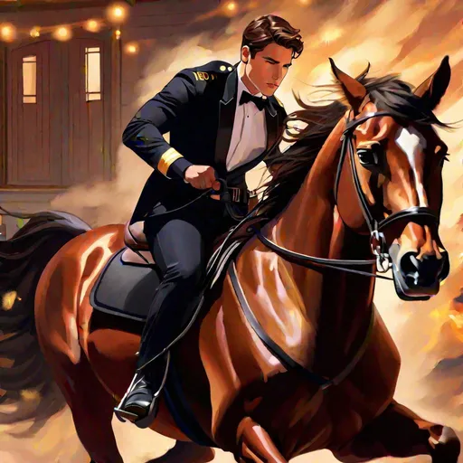 Prompt: Caleb  as a police officer (brown hair) (brown eyes) wearing a tuxedo, full body, riding a demon horse, pulling back on the reins making the horse rear up, two large doors behind him