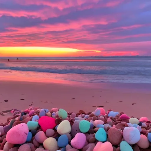 Prompt: cotton candy skies with a no trees and beach made of few glowing pebbles