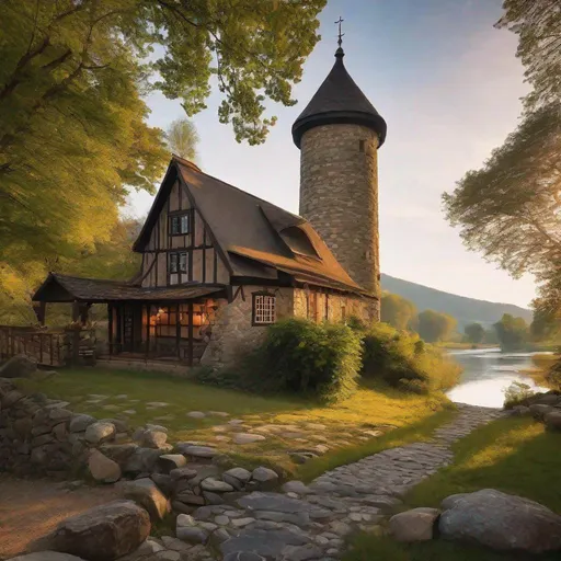 Prompt: an 18th-century colonial tavern {cottagecore}, medieval stone tower, pointed wooden roof, ((otherworldly)), Beautiful space, along a scenic river bank