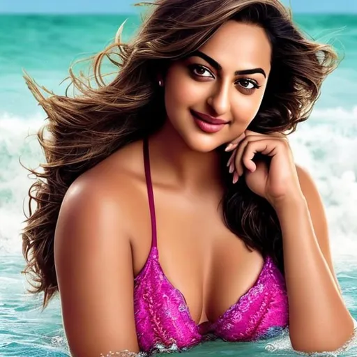 Prompt: Relaxing in the sea beach , sitting, side glance , .Detail face, extremely beautiful girl wearing  bikini, nose ring body type skinny. . Sonakshi Sinha . (Full body)  . Hyper realistic photo, full 