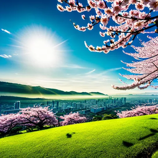 Prompt: A human, standing on a grassy hill with a single cherry blossom tree, gloomy lighting, water flows around at the bottom of hill city in background highly detailed. Animè, UHD, 8K, highly detailed, Full HD render + immense detail + dramatic lighting + well lit + black, character sheet, + fine esoteric symbolism | ultra - detailed realism, soft cinematic lighting, high - quality, engraved | highly detailed |digital painting, artstation, concept art, smooth, sharp focus, Nostalgic, ethereal, 8k, hyper detailed, intricate detail, photorealistic panned out view of the character, detailed foliage, hyper-realistic foliage, detailed leaves, hyper-realistic leaves.
