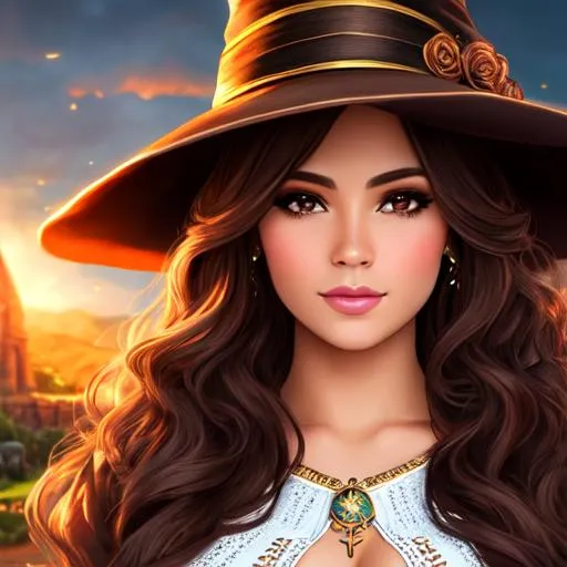 Prompt: 4K, 16K, high quality, extremely detailed, highly realistic, picture quality, latina, brown long hair (curly - wavy ) (female), fantasy, witch (female)