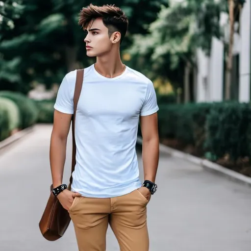 Prompt: Man, male, standing, white t-shirt, blue jeans, brown short hair, Beautiful eyes, Full body