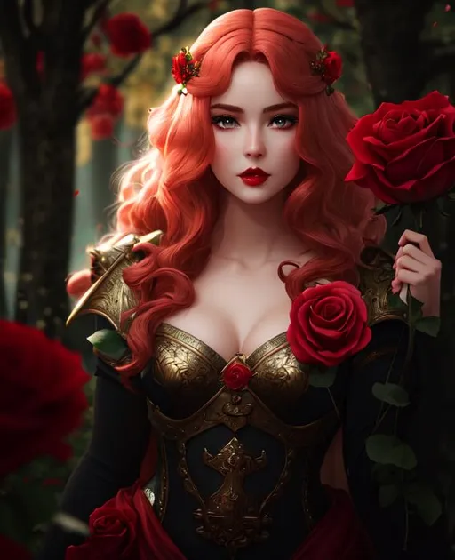 Prompt: A surreal landscape of a rose warrior, wearing soft petals, with very fair complexion, red gloss lips, rosy cheeks, red lips, voluminous auburn hair, stylized CGI, fantasy genre, woman.