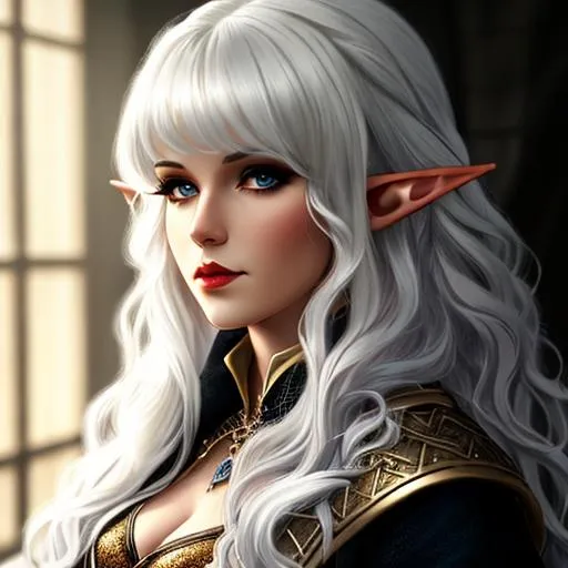 Prompt: dnd, dark fantasy, portrait, female, witch, curly hair, elf, white hair