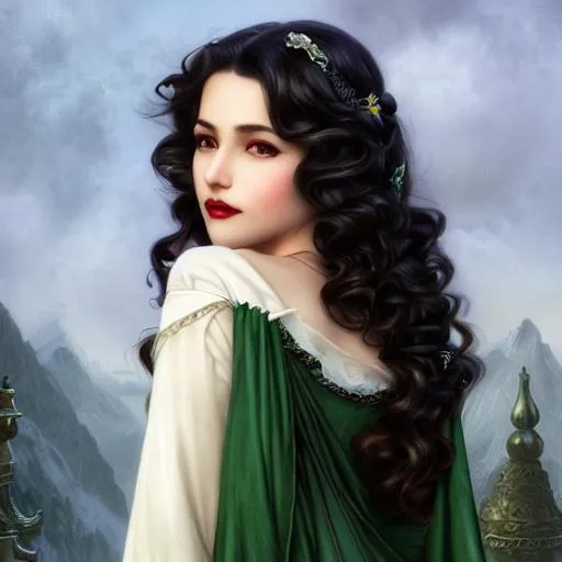 Prompt: Snow White as a vampire queen, with curly wavy very dark brown hair, green eyes, straight nose, full lips, intricate, elegant, highly detailed, digital painting, extremely high quality, UHD, artstation, concept art, smooth, sharp focus, illustration, art by artgerm and greg rutkowski and alphonse mucha and william bouguereau