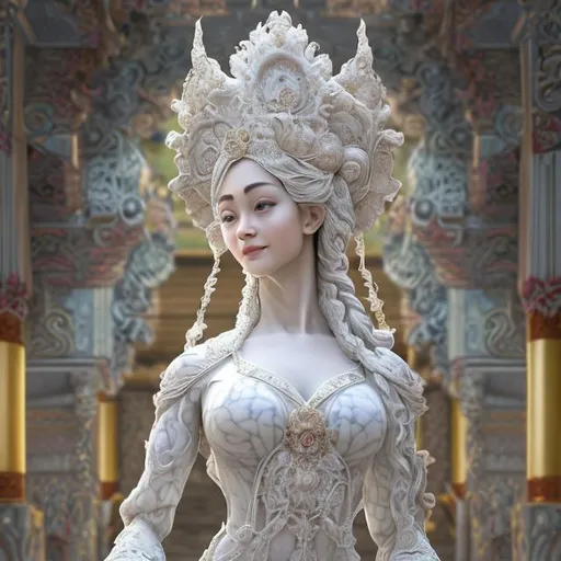 Prompt: A highly detailed ((full-length shot) (white marble sculpture statue) of a (woman with). ((+Hyperrealistic)), (+dress), +concept art, +low shot, ((+intricately detailed, +highly detailed)), +dramatic, +side light, +plain background, +caring, +happy, +smiling, +aodai vietnam, 