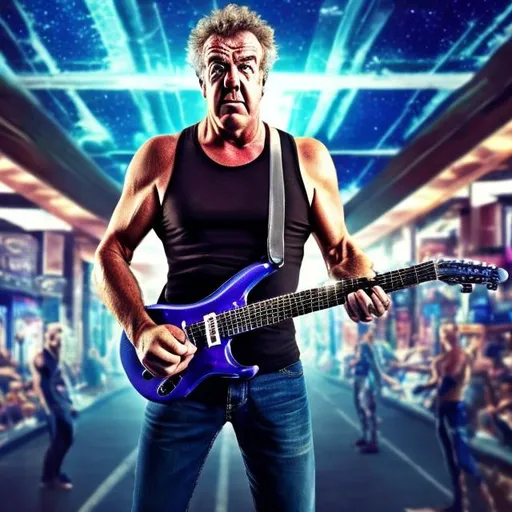 Prompt: Bodybuilding Jeremy Clarkson, playing guitar for tips in a busy alien mall, widescreen, infinity vanishing point, galaxy background