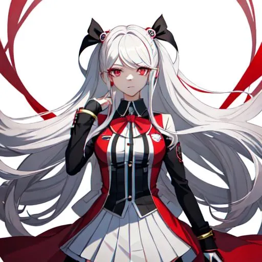 Prompt: An anime girl in the style of danganronpa who has long silver hair, red eyes, fancy red clothes, and is rather dark and mysterious. 