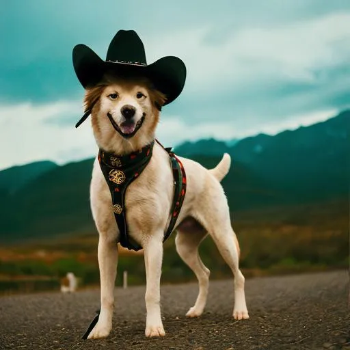 Prompt: A friendly dog with a star-shaped collar and a bandana, wearing a cowboy hat and boots, carrying a rope and a saddle