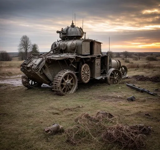 Prompt: A steampunk turret is mounted on top of A battered steampunk war carriage on the battlefields of ww1. barbed wire, trenches, dead soldiers and horses litter the muddy and destroyed terrain. Burned tree stumps smoilder in the background.