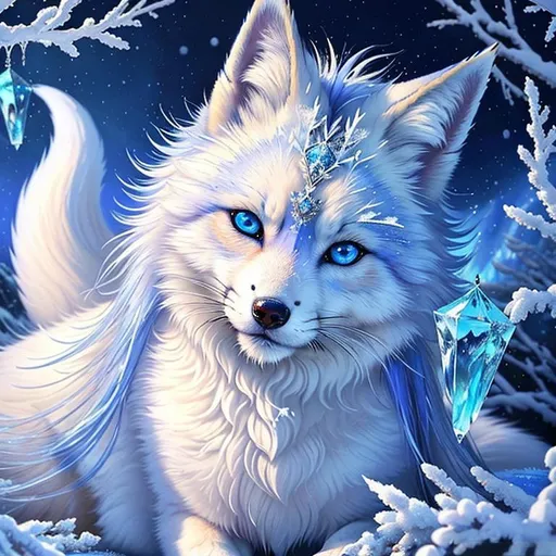 Prompt: (masterpiece, professional oil painting, epic digital art, best quality:1.5), insanely beautiful female ((fox)), (canine quadruped), adolescent, ice elemental, deep blue pelt covered in frost, bashful hypnotic sapphire blue eyes, gorgeous silver mane covered in snowflakes, plump, finely detailed fur, hyper detailed fur, (soft silky insanely detailed fur), moonlight beaming through clouds, grassy field covered in frost, cool colors, professional, symmetric, golden ratio, unreal engine, depth, volumetric lighting, rich oil medium, (brilliant auroras) fill the sky, (ice storm), full body focus, beautifully detailed background, cinematic, 64K, UHD, intricate detail, high quality, high detail, masterpiece, intricate facial detail, high quality, detailed face, intricate quality, intricate eye detail, highly detailed, high resolution scan, intricate detailed, highly detailed face, very detailed, high resolution
