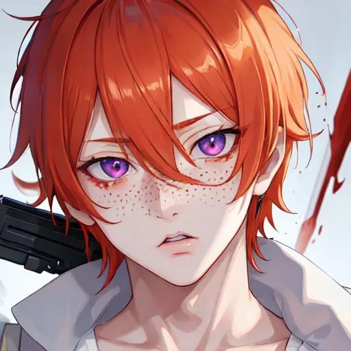 Prompt: Erikku male adult (short ginger hair, freckles, right eye blue left eye purple) UHD, 8K, Highly detailed, insane detail, anime style, covered in blood, psychotic, pointing a shotgun straight at the camera