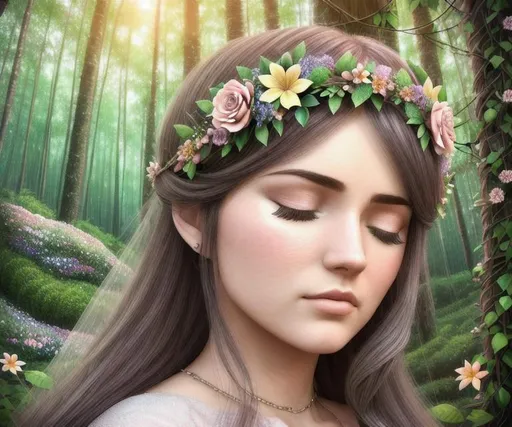 Prompt: {{{Hyper detailed, hyper realistic}}}, sleepy woman, forest, trees, vines and flowers, flowers, vines, lady, sleepy lady, sleepy girl, sleepy girl, female, sleepy female, Fairys, {{{farys around a sleepy woman}}}