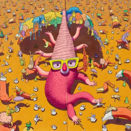 Prompt: A jester wearing yellow framed glasses emerges from the ground after years in hibernation Like a phoenix, a cicada, and Lazarus 