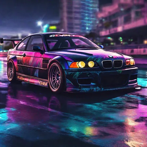 Prompt: 2001 BMW M3 E46 GTR, synthwave, aesthetic cyberpunk, miami, highway, dusk, neon lights, coastal highway, dusk, neon lights, coastal highway, sunset, drift, nurburgring, water on the road, blade runner, 64k, watercolor, macro sharp focus, 8, hyper realistic, cinematic, highly detailed, photoraelistic, clean, formula drift