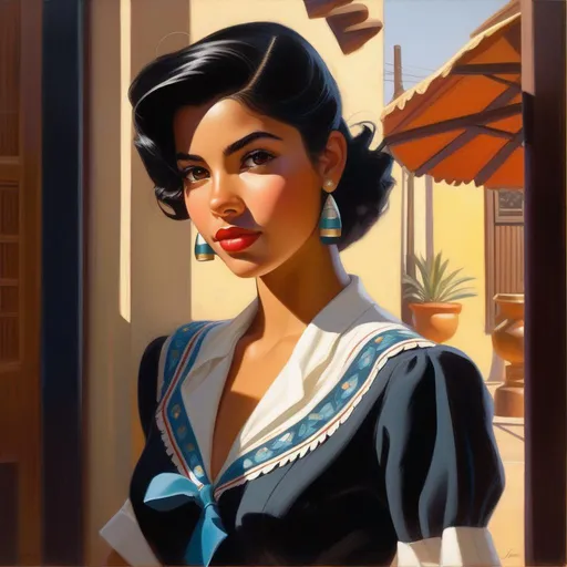 Prompt: Teenage Mexican-American girl, LA Noire, olive skin, black hair, dark brown eyes, 1940s, cartoony, sunny atmosphere, extremely detailed painting by Greg Rutkowski and by Henry Justice Ford and by Steve Henderson