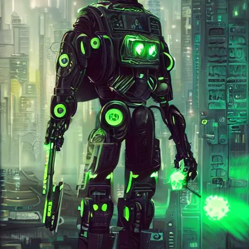 Prompt: cyber punk robot bounty hunter, matte painting, city background, holding a gun, hyper detailed, no mistakes, HD, 8K, posing, wearing torn cape, glowing green eyes