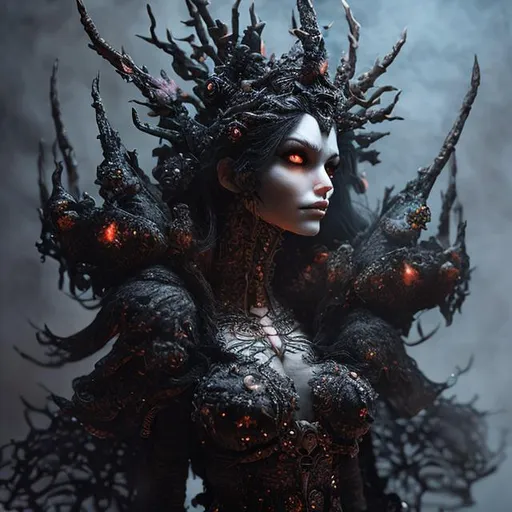 Prompt: needle-felted fire queen, black, intricate details, insane details, volumetric lighting