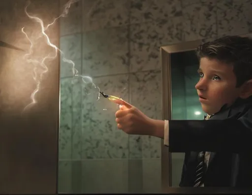 Prompt: 13 year old boy in a tuxedo casting a crazy magic spell from the outside of a bathroom stall with his magic wand, but the spell he cast happens on the inside of the bathroom stall because he cast the spell on the inside 