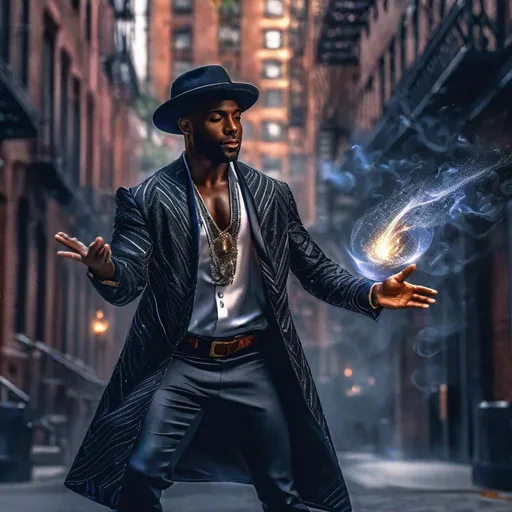 Prompt: Black Man magician in urban clothes casting a spell by dancing, hdr render, soft lighting , full body, digital painting, studio photo, intricate details, professional, highly detailed, 8k uhd, epic, stunning, in New York city, action shot, soft, voluminous 