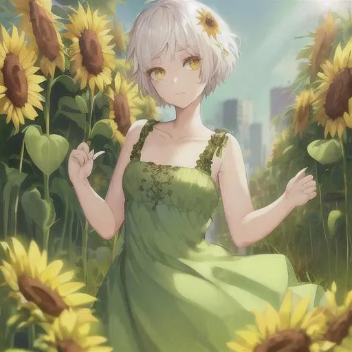 Prompt: cute girl with sun flower white short hair amber eyes green dress